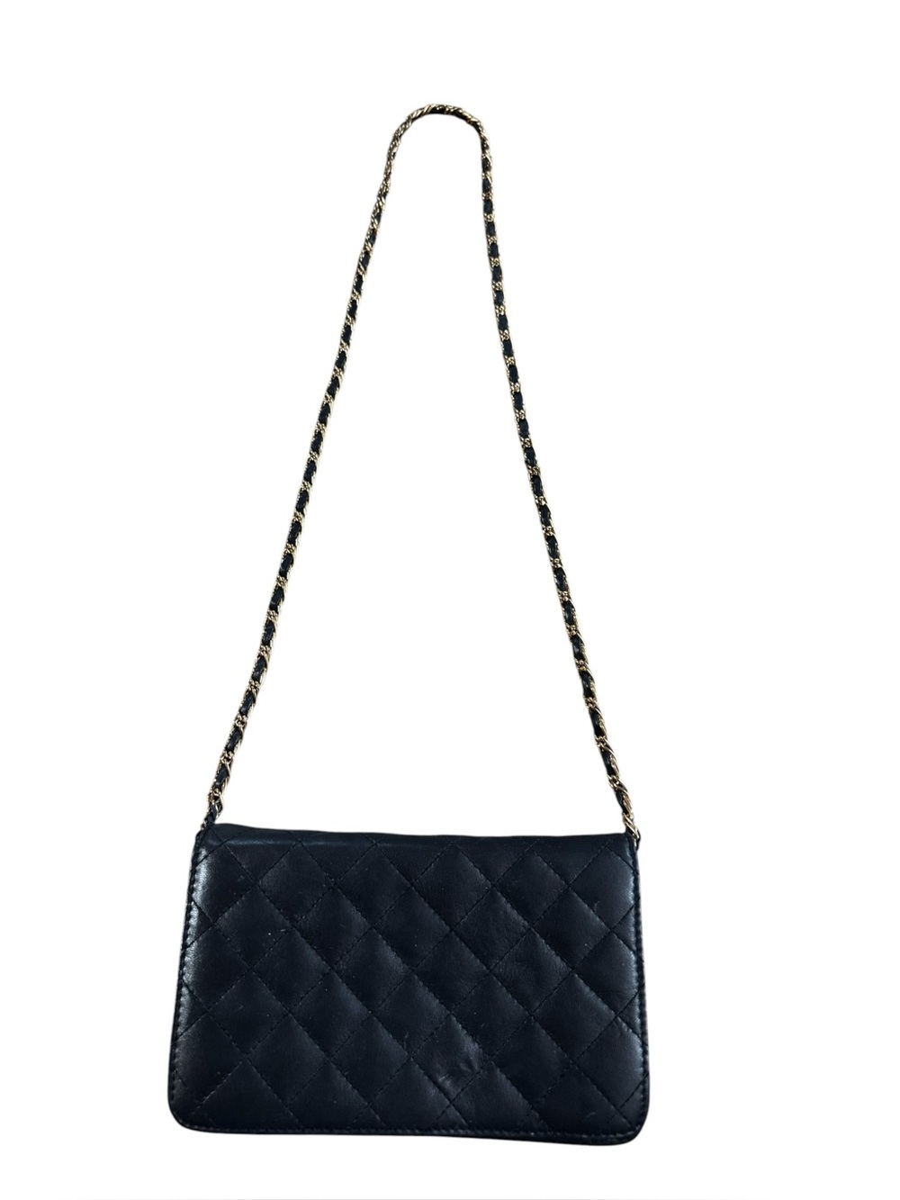Bloomingdales Quilted Black Leather Crossbody Bag Gold Chain/Black Leather Strap